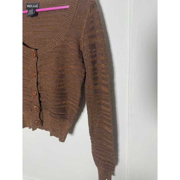 Vintage Y2K Wet Seal Brown Cropped Shimmer Cardigan Sweater Romcom Slimming SM - Picture 4 of 9